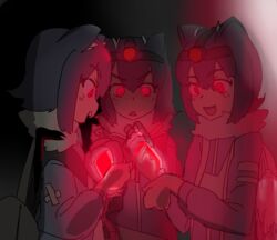  3girls 61206jeff :d arai-san_mansion backpack bag bandaid bandaid_on_clothes bioshock_(series) black_hair bottle clone commentary crossover dark dark_background fur_collar giant_otter_(kemono_friends)_(kuro_(kurojill)) glowing glowing_eyes glowing_liquid hair_between_eyes headlamp highres holding holding_bottle holding_syringe indoors kemono_friends long_sleeves looking_down multiple_girls open_mouth red_eyes sharp_teeth short_hair smile syringe teeth triangle_mouth upper_body v-shaped_eyebrows 