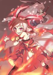  2girls :d animal_ears back bare_shoulders black_footwear blue_eyes boots closed_mouth commentary_request evil_smile fangs fire fox_ears hair_between_eyes highres holding holding_sword holding_weapon honkai_(series) honkai_impact_3rd japanese_clothes katana kimono long_hair looking_at_viewer looking_back multiple_girls open_mouth petals pink_eyes pink_hair side_ponytail smile sword theresa_apocalypse theresa_apocalypse_(sakuno_rondo) weapon white_kimono xun_yu_(1184527191) yae_sakura yae_sakura_(gyakushinn_miko) 