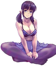  bare_shoulders black_bra black_pantyhose bra breasts brown_eyes brown_hair cleavage collarbone commentary_request female glasses hair_ornament high-waist_pantyhose kamisimo_90 long_hair looking_at_viewer medium_breasts navel original pantyhose pleated_skirt revision sitting skirt smile soles solo twintails twintails_nurse_(kamisimo_90) underwear 