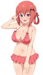  bad_id bad_pixiv_id bare_shoulders bat_hair_ornament bikini bikini_skirt breasts cleavage collarbone cowboy_shot female frilled_bikini frills gabriel_dropout groin hair_between_eyes hair_ornament hair_rings hand_on_own_thigh hand_up highres large_breasts looking_at_viewer navel nyaroon oerba_yun_fang open_mouth pink_eyes red_hair red_ribbon ribbon satanichia_kurumizawa_mcdowell shiny_skin simple_background smile solo swimsuit thighs tongue v white_background 