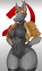  anthro atomic_heart blonde_hair canid canine canis clothing dobermann docked_tail domestic_dog faceless female glistening glistening_body grey_body hair hammer_and_sickle hands_behind_back hi_res honeybunnie jacket machine mammal pinscher right_(atomic_heart) robot russian short_tail simple_background slim small_waist solo star tail topwear white_background 