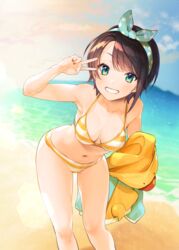  aqua_eyes arm_up armpits beach bikini blue_sky breasts brown_hair cleavage cloud commentary_request contrapposto day deflated feet_out_of_frame female grin hair_ribbon halterneck holding holding_clothes holding_jacket hololive horizon inflatable_toy jacket leaning_forward looking_at_viewer medium_breasts navel nokachoco114 ocean oozora_subaru oozora_subaru_(hololive_summer_2019) outdoors polka_dot polka_dot_ribbon ribbon short_hair sky smile solo standing stomach striped_bikini striped_clothes swept_bangs swimsuit teeth unworn_jacket v_over_eye virtual_youtuber 