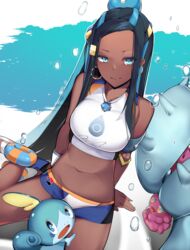  armlet bad_id bad_pixiv_id belly_chain black_hair blue_eyes blue_hair breasts collarbone commentary_request crop_top dark-skinned_female dark_skin earrings female gloves hair_bun highres hoop_earrings jewelry long_hair looking_at_viewer mareanie midriff multicolored_hair navel necklace nessa_(pokemon) pokemon pokemon_(creature) pokemon_between_legs pokemon_swsh single_glove single_hair_bun sitting smile sobble swimsuit two-tone_hair yuuyuu_(yuuki1771) 