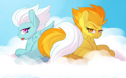  blue_body blue_fur cloud duo entwined_tails equid equine feathered_wings feathers female feral fleetfoot_(mlp) friendship_is_magic fur hasbro looking_at_viewer looking_back mammal my_little_pony mythological_creature mythological_equine mythology open_mouth orange_eyes outside pegasus purple_eyes pusspuss spitfire_(mlp) tail tail_coil tongue tongue_out unimpressed wings wonderbolts_(mlp) yellow_body yellow_fur 