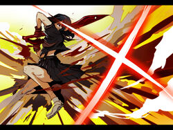  black_hair commentary_request female gloves itou_toi kill_la_kill letterboxed matoi_ryuuko midriff school_uniform scissor_blade_(kill_la_kill) senketsu serafuku short_hair skirt suspenders sword weapon 