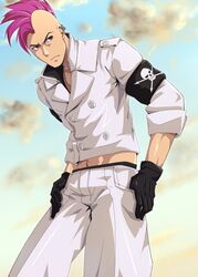  1boy armband bald bazz-b bleach bleach:_sennen_kessen-hen cloud commentary_request earrings gloves jewelry male_focus military military_uniform mohawk namakemono_(u446644k) pink_eyes pink_hair sky solo uniform wandenreich wandenreich_uniform 