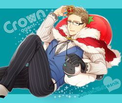  1boy blue_eyes brown_hair cape commentary_request crown feline glasses jewelry julius_will_kresnik kamiya_(mennu) male_focus one_eye_closed pillow ring rollo_(tales) solo tales_of_(series) tales_of_xillia tales_of_xillia_2 thumb_ring tomato vest waistcoat 