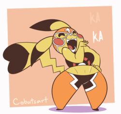  2018 2d_animation animated anthro anthrofied biped breast_jiggle breasts chica_(cobat) cleft_tail closed_eyes clothed clothing cobatsart cosplay_pikachu_(character) cosplay_pikachu_(costume) costume digital_media_(artwork) english_text fan_character female generation_1_pokemon jiggling laugh mammal mask midriff motion_tweening navel nintendo ojou_laugh open_mouth open_smile pikachu pikachu_libre pokemon pokemon_(species) pokemon_speak pokemorph rodent short_playtime short_stack signature simple_background smile smug solo tail text tongue wide_hips yellow_body yellow_skin 