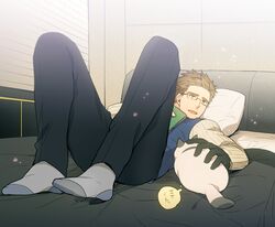  1boy bed book brown_hair commentary_request feline glasses julius_will_kresnik kamiya_(mennu) rollo_(tales) socks tales_of_(series) tales_of_xillia tales_of_xillia_2 