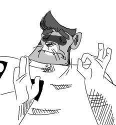  anthro closed_eyes disney endtown eyebrows fangs gesture greyscale hair hand_gesture jim_jensen just_right male mammal meme monochrome ok_sign pacha_(the_emperor&#039;s_new_groove) procyonid raccoon reaction_image solo teeth the_emperor&#039;s_new_groove unknown_artist 