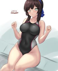  alternate_costume black_hair black_one-piece_swimsuit blue_hairband breasts competition_swimsuit dated feet_out_of_frame female freckles green_eyes hairband highleg highleg_one-piece_swimsuit highres kantai_collection long_hair medium_breasts mogador_(kancolle) montemasa multicolored_clothes multicolored_swimsuit one-hour_drawing_challenge one-piece_swimsuit sidelocks sitting solo swimsuit twitter_username w_arms wide_hips 