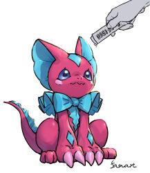  bandai_namco begging begging_pose blue_eyes bow_tie claws digimon digimon_liberator elizamon feral frill_(anatomy) hi_res neck_frill pink_body pink_scales pose scales scalie sitting tro_pikaru 