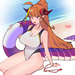  ahoge alternate_costume bare_shoulders beach blonde_hair blunt_bangs breasts bright_pupils cleavage covered_navel dismassd dragon_girl dragon_horns dragon_tail female hand_on_ground high_ponytail highres holding holding_swim_ring hololive horns huge_ahoge kiryu_coco kneeling large_breasts light_blush long_hair looking_at_viewer multicolored_hair no_sclera one-piece_swimsuit open_mouth orange_hair pointy_ears ponytail purple_tail red_eyes sand seiza sidelocks sitting smile solo starfish streaked_hair swim_ring swimsuit tail virtual_youtuber water whistle white_one-piece_swimsuit white_pupils 