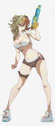  bare_legs belt bikini bikini_top_only breasts brown_hair brown_shorts closed_mouth clothing_cutout female full_body grey_eyes hair_between_eyes hair_intakes highres holding holding_water_gun honkai_(series) honkai_impact_3rd large_breasts medium_hair navel official_alternate_costume one_eye_closed postalworks sandals shorts side_cutout smile solo stomach swimsuit thigh_belt thigh_strap toes vill-v water_gun white_background white_bikini 