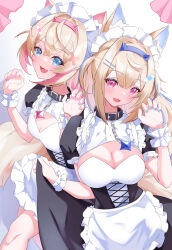  2girls alternate_costume animal_ear_fluff animal_ears bandaid bandaid_hair_ornament belt_collar black_collar black_dress blonde_hair blue_eyes blue_hair blue_nails breasts collar dog_ears dog_girl dog_tail dress fuwawa_abyssgard hair_ornament hairpin highres hololive hololive_english large_breasts looking_at_viewer maid mococo_abyssgard multicolored_hair multiple_girls nail_polish open_mouth pink_eyes pink_hair pink_nails siblings sisters small_breasts smile spiked_collar spikes streaked_hair tail twins two_side_up virtual_youtuber x_hair_ornament yuki_guni_(yukiworld_ww) 