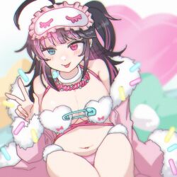  ahoge black_hair blue_eyes blush breasts cleavage closed_mouth commentary commentary_request female fingernails fur-trimmed_jacket fur_trim girls&#039;_frontline girls&#039;_frontline_neural_cloud heart heart-shaped_pillow heterochromia jacket long_hair looking_at_viewer multicolored_hair navel nayota6324 off_shoulder official_alternate_costume one_side_up open_clothes open_jacket panties pillow pink_eyes pink_hair pink_panties safety_pin sleep_mask smile solo streaked_hair tongue tongue_out two-tone_hair underwear vee_(neural_cloud) w 