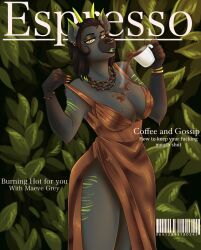  2024 beverage breasts cleavage clothed clothing coffee coffee_mug colored_nails cover dress ear_piercing espresso_(song) eyebrows eyelashes female hair hi_res horn hyena jewelry kanekokumori maeve_grey magazine_cover mammal nails necklace piercing sabrina_carpenter solo spilled_coffee steam text universal_product_code yellow_eyes 