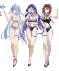  3girls alternate_costume bare_legs bare_shoulders bikini bird black_bikini black_swan_(honkai:_star_rail) blue_bird blue_hair breasts cleavage eyewear_on_head full_body green_eyes head_wings higashiwun_izumi high_heels highres honkai:_star_rail honkai_(series) kafka_(honkai:_star_rail) large_breasts light_blue_hair long_hair multiple_girls navel purple_bikini purple_hair purple_veil red_bird red_eyes red_hair robin_(animal) robin_(honkai:_star_rail) sandals sideboob simple_background stomach swimsuit thigh_strap white_background white_bikini wings yellow_eyes 