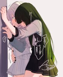  2girls amane_(7783) black_nails black_skirt blush green_eyes green_hair hand_on_another&#039;s_stomach long_hair long_sleeves multiple_girls nail_polish open_mouth original pleated_skirt sidelocks signature skirt sweat translation_request twitter_username white_hair white_nails white_skirt yuri 