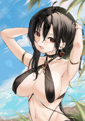  absurdres armlet armpits arms_behind_head azur_lane beach bikini black_bikini black_hair bolzano_(azur_lane) bolzano_(tempting_treasure)_(azur_lane) breasts earrings female gem heart heart_earrings highres jewelry large_breasts light_blush long_hair looking_at_viewer loushao navel official_alternate_costume palm_leaf red_eyes solo stomach swimsuit upper_body very_long_hair water 