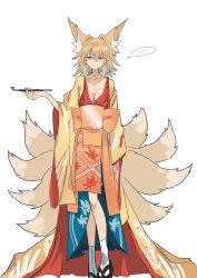  absurdres black_footwear blue_eyes blush breasts cleavage closed_mouth collarbone commentary_request female fox_tail full_body hair_intakes highres holding holding_smoking_pipe japanese_clothes kakaricho_dairi kiseru leaf_print light_smile looking_at_viewer maple_leaf_print medium_hair multiple_tails obi sash simple_background smoking_pipe socks solo spoken_blush standing tabi tail touhou white_background white_socks yakumo_ran 