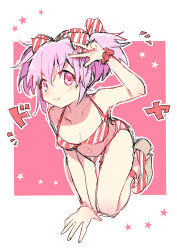  +++ arm_support bikini blush breasts cleavage closed_mouth collarbone commentary_request female fingernails full_body hair_between_eyes hair_ribbon hand_up high_heels kaname_madoka knees_together_feet_apart looking_at_viewer mahou_shoujo_madoka_magica mahou_shoujo_madoka_magica_(anime) navel outline pink_background pink_eyes pink_hair pink_scrunchie pipi_o_(pipioo08) platform_footwear ribbon scrunchie short_twintails sidelocks simple_background small_breasts smile solo square star_(symbol) starry_background striped_bikini striped_clothes striped_footwear striped_ribbon swimsuit thigh_gap twintails v v-shaped_eyebrows white_background white_outline 