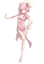  alternate_costume bare_legs blue_archive blush breasts china_dress chinese_clothes cleavage_cutout clothing_cutout commentary_request covered_navel dress female full_body grin hair_bun hair_ribbon halo hand_on_own_hip hat highres holding looking_at_viewer mogurii nurse_cap one_eye_closed pelvic_curtain pink_dress pink_hair pink_hat purple_eyes red_ribbon ribbon serina_(blue_archive) short_hair short_sleeves simple_background single_hair_bun slippers small_breasts smile solo standing standing_on_one_leg tachi-e white_background white_footwear yellow_halo 