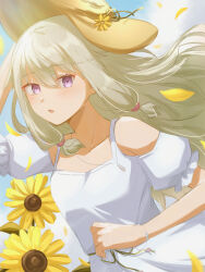  :o absurdres bare_shoulders breasts collarbone dress female floral_background flower green_hair hat highres kusanagi_nene long_hair looking_at_viewer looking_to_the_side low-tied_sidelocks moka_20041125 off-shoulder_dress off_shoulder open_mouth project_sekai puffy_sleeves purple_eyes sunflower upper_body white_dress 