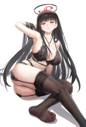  absurdres ass bare_shoulders black_bra black_hair black_panties blue_archive blush bra breasts brown_thighhighs cleavage female hair_ornament hairclip halo highres large_breasts long_hair looking_at_viewer panties red_eyes rio_(blue_archive) thighhighs underwear yaxiya 