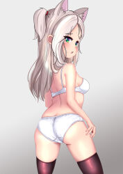  animal_ears ass azur_lane back black_thighhighs bra breasts cat_ears cowboy_shot crotch_seam dedorudy female from_behind frown green_eyes grey_background hair_tie highres long_hair looking_at_viewer looking_back open_mouth panties sims_(azur_lane) small_breasts solo standing sweatdrop thighhighs two_side_up underwear underwear_only white_bra white_hair white_panties 