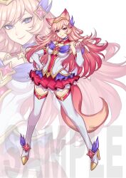  ahri_(league_of_legends) animal_ears blonde_hair boots breasts chinese_commentary cleavage cleavage_cutout closed_mouth clothing_cutout commentary_request detached_sleeves female finger_gun fishine fox_ears fox_girl fox_tail full_body gradient_hair gradient_tail hair_ornament halter_shirt halterneck hand_on_own_hip hand_up high_heel_boots high_heels highres kitsune kyuubi layered_shirt league_of_legends light_blush long_hair looking_at_viewer magical_girl medium_bangs medium_breasts multicolored_hair multiple_tails purple_eyes red_brooch red_hair red_skirt sample_watermark shirt skirt sleeveless sleeveless_shirt solo standing star_(symbol) star_guardian_ahri star_hair_ornament strapless strapless_shirt tail thigh_boots watermark white_background white_footwear white_shirt white_skirt white_sleeves zoom_layer 