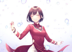  25-ji_nightcord_de._(project_sekai) alternate_costume breasts bubble closed_eyes dress female high_collar highres hinata_mizuiro long_sleeves medium_breasts official_alternate_costume pants project_sekai red_dress shinonome_ena short_hair simple_background smile tagme white_pants 