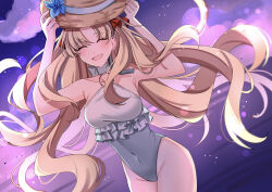  absurdres blonde_hair breasts closed_eyes commentary_request covered_navel ereshkigal_(fate) fate/grand_order fate_(series) female flower hat hat_flower highres holding holding_hat holding_unworn_clothes jmfz5558 large_breasts long_hair one-piece_swimsuit purple_background smile space_ereshkigal_(fate) space_ereshkigal_(first_ascension)_(fate) straw_hat swimsuit 