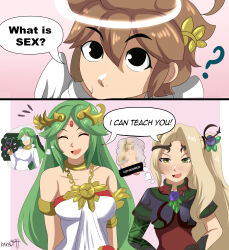  1boy 2girls black_hair blonde_hair brown_hair closed_eyes dialogue english_text female funny green_eyes green_hair karbuitt kid_icarus kid_icarus_uprising long_hair looking_at_viewer male nintendo palutena pit_(kid_icarus) smile speech_bubble thought_bubble very_high_resolution viridi 