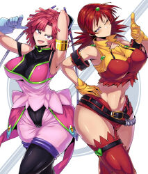  2girls :d armpits bare_shoulders belt black_belt black_footwear black_leotard black_shirt blue_gloves boots breasts check_clothing cleavage closed_mouth collarbone commentary_request cowboy_shot cropped_shirt finger_gun gloves green_trim hand_on_own_hip hand_up highleg highleg_leotard highres large_breasts leotard looking_at_viewer medium_hair micro_shorts multicolored_shirt multiple_girls naomi_fluegel navel one_eye_closed pants pink_hair pink_shirt pointing pointing_at_viewer purple_eyes purple_pants red_footwear red_hair red_shirt red_shorts rinon_toros shimure_(460) shirt short_hair shorts sleeveless sleeveless_shirt smile standing stomach thigh_boots two-tone_shirt white_background yellow_gloves yellow_shirt zoids zoids_shinseiki/zero 