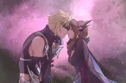  1boy aerith_gainsborough bahamut_aerith black_cape black_mask black_vest blonde_hair breasts brown_hair cape cloud_strife cloud_strife_(bahamut_garb) couple detached_sleeves earrings eye_mask female final_fantasy final_fantasy_vii final_fantasy_vii_ever_crisis half-closed_eyes highres imminent_kiss jewelry juliet_sleeves long_hair long_sleeves medium_breasts official_alternate_costume papermint_tea parted_bangs parted_lips popped_collar prototype_design puffy_sleeves short_hair sidelocks single_bare_shoulder single_shoulder_pad spiked_hair straight upper_body vest 