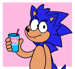  2023 5_fingers anthro beastofeuthanasia beverage black_eyes black_nose blue_body blue_eyebrows blue_fur blue_tail border closed_smile container cup digital_drawing_(artwork) digital_media_(artwork) drinking_straw english_text eulipotyphlan eyebrows fingers flat_colors fur furrowed_brow half-length_portrait hedgehog holding_beverage holding_container holding_cup holding_object looking_at_viewer male mammal mouth_closed multicolored_body nude_anthro nude_male pink_background portrait sega simple_background smile smiling_at_viewer solo sonic_the_hedgehog sonic_the_hedgehog_(series) tail tan_body tan_inner_ear tan_skin text text_on_cup two_tone_body white_border 