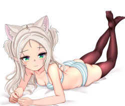  animal_ears ass azur_lane bed_sheet black_thighhighs blue_bra blue_panties bra breasts cat_ears closed_mouth commentary dedorudy extra_ears female green_eyes legs_up long_hair looking_at_viewer lying on_bed on_stomach panties sims_(azur_lane) small_breasts smile solo striped_bra striped_clothes striped_panties thighhighs underwear underwear_only white_hair 