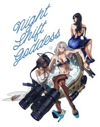  3girls b&amp;t_mp9 bathing bikini black_gloves black_hair black_thighhighs blue_dress blue_eyes blue_footwear blush bracelet breasts combat_helmet commentary commentary_request dark-skinned_female dark_skin dress elbow_gloves english_text flashlight glock gloves grey_hair gun hand_on_another&#039;s_chin hand_on_own_arm handgun helmet high_heels highres holding holding_gun holding_weapon jewelry long_hair looking_at_viewer multiple_girls navel night_vision_device original parted_lips second-party_source shoes short_hair simple_background single_glove smile submachine_gun swimsuit thighhighs toes trigger_discipline utsuda weapon white_background white_dress white_footwear white_gloves yellow_eyes 