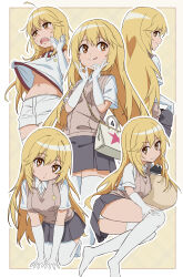  :q absurdres aged_down all_fours ass blonde_hair border breasts brown_eyes brown_sweater_vest collared_shirt controller double_v elbow_gloves emblem female gloves grey_skirt gym_shirt gym_shorts gym_uniform highres holding holding_remote_control long_hair looking_at_viewer medium_breasts miniskirt multiple_views no_print panties pension_z pleated_skirt remote_control school_emblem school_uniform shirt shokuhou_misaki short_sleeves shorts simple_background skirt smile sparkling_eyes summer_uniform sweater_vest thighhighs toaru_kagaku_no_mental_out toaru_kagaku_no_railgun toaru_majutsu_no_index tokiwadai_school_gym_uniform tokiwadai_school_uniform tongue tongue_out underwear v white_border white_gloves white_panties white_shirt white_thighhighs yellow_background zettai_ryouiki 