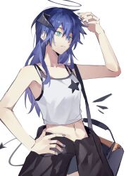  arknights arm_up black_jacket blue_bag blue_eyes blue_hair blue_nails bra_strap camisole clothes_around_waist collarbone crop_top demon_horns demon_tail detached_wings energy_wings female hair_between_eyes halo hand_on_own_hip highres horns jacket jacket_around_waist long_hair mostima_(arknights) nail_polish navel parted_lips shiba257 sidelocks simple_background solo sweatdrop tail white_background white_camisole wings 