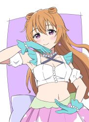  aqua_gloves armpits blush border breasts brown_hair cleavage closed_mouth commentary cropped_shirt female gloves hair_horns hair_ornament hairclip hashtag-only_commentary highres konoe_kanata long_hair looking_at_viewer love_live! love_live!_nijigasaki_high_school_idol_club love_live!_nijigasaki_high_school_idol_club_kanketsu-hen medium_breasts midriff navel official_alternate_costume official_alternate_hairstyle outside_border pink_skirt pleated_skirt print_skirt purple_background purple_eyes shirt skirt sleeveless sleeveless_shirt smile solo split_mouth star_(symbol) star_print tottsan upper_body white_border white_shirt 