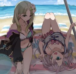  2girls atelier_(series) atelier_lulua bare_shoulders beach beach_towel bikini black_jacket blue_sky borrowed_clothes breasts cleavage cloud day elmerulia_fryxell elmerulia_fryxell_(bright_butterfly) ficus_finis ficus_finis_(coastal_trickster) flower green_eyes green_hair hair_flower hair_ornament jacket karasumi_(aiseec) long_hair looking_at_another looking_up lying medium_breasts multiple_girls navel ocean official_art on_back open_mouth outdoors piana_(atelier) piana_(vivid_two-color)_(atelier) sand sitting sky smile swimsuit towel water 