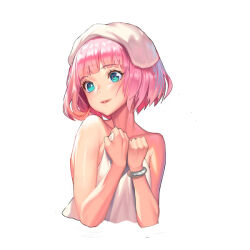  bare_arms bare_shoulders blue_eyes bracelet catherine_(game) collarbone cropped_torso destiny_child eyelashes female holding holding_towel jewelry light_blush looking_at_viewer naked_towel official_art parted_lips pink_hair pink_lips rin_(catherine) short_hair simple_background smile solo teeth third-party_source towel towel_on_head white_background 