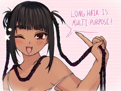  2000s_(style) blunt_bangs blush braid breasts brown_eyes brown_hair cleavage commentary dark-skinned_female dark_skin english_commentary english_text female highres long_hair looking_at_viewer luc143r oerba_yun_fang one_eye_closed open_mouth original skin_fang smile solo speech_bubble strap_slip twin_braids twintails upper_body very_long_hair 