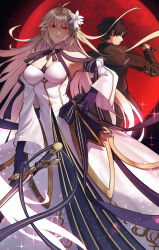  1boy archetype_earth arcueid_brunestud back-to-back bare_shoulders black_gloves black_hair black_jacket blonde_hair blue_eyes breasts cleavage commentary_request cowboy_shot detached_sleeves dress fate/grand_order fate_(series) female full_moon gloves highres holding holding_knife jacket knife large_breasts long_hair madoro_q moon red_eyes red_moon satsujinki short_hair strapless strapless_dress sword tohno_shiki tsukihime weapon white_dress white_sleeves 