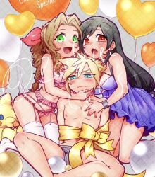  1boy 2girls aerith_gainsborough aqua_eyes balloon bare_shoulders black_ribbon black_wristband blonde_hair blue_negligee blush bra braid braided_ponytail breasts chocobo cleavage cloud_strife dress earrings final_fantasy final_fantasy_vii final_fantasy_vii_rebirth final_fantasy_vii_remake frilled_bra frilled_garter_belt frills furrowed_brow garter_belt garter_straps green_eyes grey_male_underwear hair_between_eyes hair_ribbon hand_on_another&#039;s_chest hand_on_another&#039;s_chin highres jewelry kneeling large_breasts long_hair low-tied_long_hair male_underwear medium_breasts midriff multiple_girls navel open_mouth panties parted_bangs pink_bra pink_panties pink_ribbon red_eyes ribbon rukashio short_dress short_hair sidelocks single_braid single_earring smile spiked_hair stuffed_animal stuffed_toy swept_bangs thighhighs thighs tifa_lockhart topless_male twitter_username underboob underwear watermark wavy_mouth white_thighhighs yellow_ribbon 