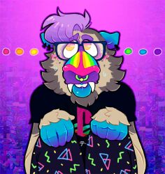  2017 5_fingers anthro atari_(chotpot) bent_arm black_clothing black_shirt black_t-shirt black_topwear blue_ears blue_hands blue_tongue blush blush_lines bodily_fluids cheek_tuft chotpot clothed clothed_anthro clothed_male clothing colored digital_drawing_(artwork) digital_media_(artwork) ear_piercing ellipsis eyebrow_through_hair eyebrows eyewear facial_piercing facial_tuft fangs fingers front_view fur glasses grey_body grey_fur hair half-length_portrait haplorhine holding_clothing holding_object logo_on_shirt looking_up male mammal mandrill monkey multicolored_body multicolored_fur nervous nervous_sweat nose_piercing nose_ring old_world_monkey pattern_clothing piercing pink_nose playstation playstation_logo portrait primate purple_background purple_eyebrows purple_hair ring_piercing shaded shirt short_hair simple_background solo sony_corporation sony_interactive_entertainment sweat sweatdrop t-shirt teeth tongue topwear translucent translucent_hair tuft two_tone_body two_tone_fur yellow_eyes 