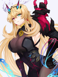  armor bare_shoulders barghest_(fate) barghest_(second_ascension)_(fate) black_dress black_gloves blonde_hair breasts brown_pantyhose chains dress earrings elbow_gloves fate/grand_order fate_(series) female gauntlets gloves green_eyes heterochromia highres horns jewelry kawairuka_ko large_breasts long_hair looking_at_viewer necklace pantyhose pauldrons pelvic_curtain red_eyes shoulder_armor single_gauntlet single_pauldron solo 