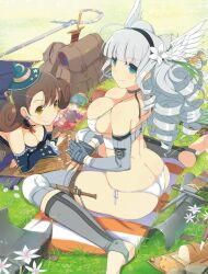  2girls ahoge aimu_(senran_kagura) armor ascot ass backpack bag barefoot bikini bikini_armor blanket blue_bridal_gauntlets blunt_bangs blush bread breasts bridal_gauntlets brown_eyes brown_hair butt_crack cheese cherry cleavage coin cup curly_hair dagger daisy detached_sleeves drill_hair earrings fake_head_wings field flower flower_earrings food fruit ginrei_(senran_kagura) gloves gold_coin grapes grass greaves green_eyes grey_choker grey_gloves grey_hair hair_between_eyes hair_flower hair_ornament hairband hairclip hat head_wings highres jewelry kitchen_knife knee_pads knife large_breasts light_particles loaf_of_bread long_hair looking_at_viewer mage_staff map_(object) micro_bikini mini_hat mini_witch_hat money moon_print mug multiple_girls official_art picnic_blanket plant purple_flower red_ascot removing_glove revealing_clothes senran_kagura senran_kagura_new_wave sheath sheathed short_hair shoulder_blades side-tie_bikini_bottom sitting smile sparkle star_(symbol) star_print swept_bangs swimsuit sword treasure treasure_chest unworn_armor wariza weapon white_bikini white_flower wing_hair_ornament wings witch witch_hat yaegashi_nan 